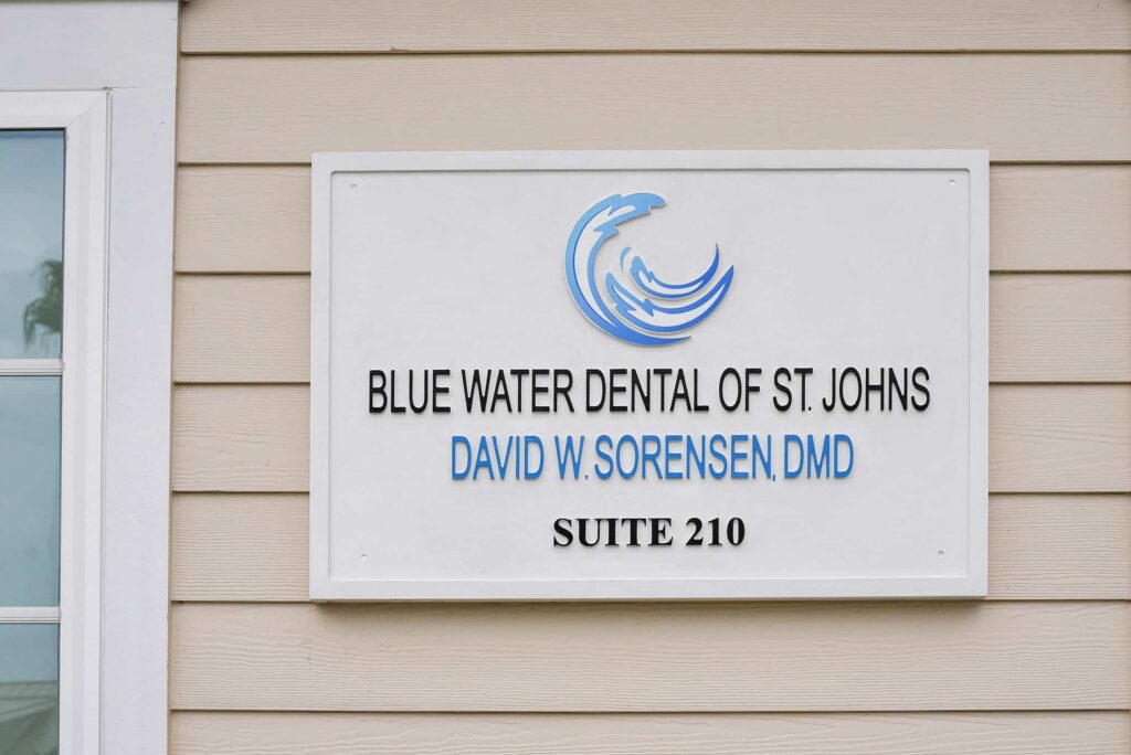 Close-up of the sign: Blue Water Dental of St. Johns, David W. Sorensen DMD, Suite 210