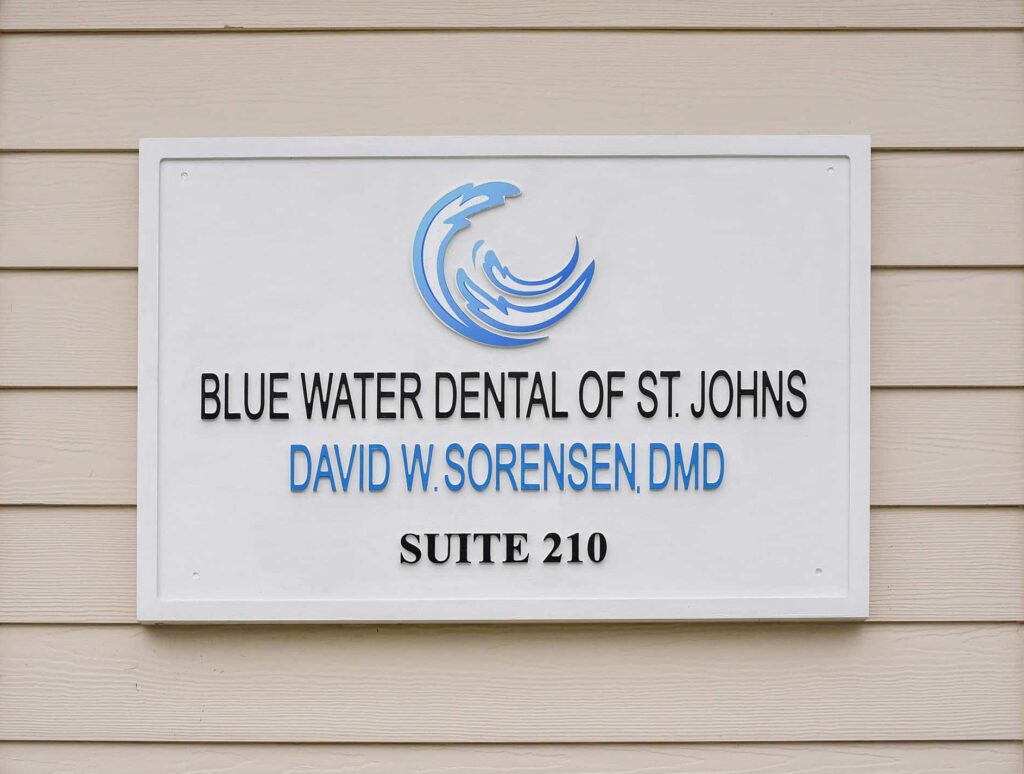 Office sign: Blue Water Dental of St. Johns, David W. Sorensen, DMD, Suite 210