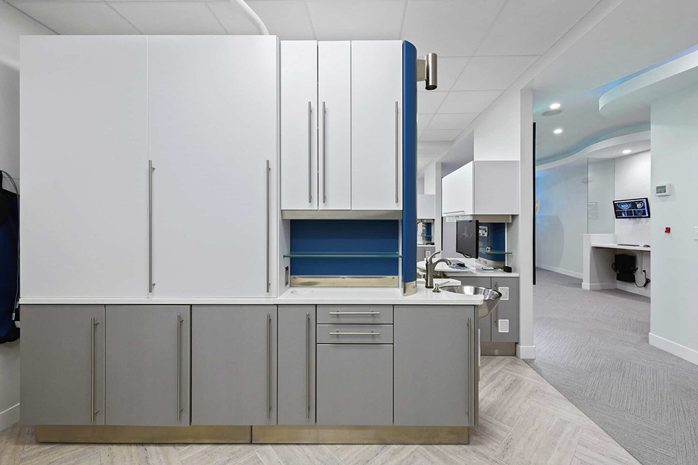 Gray and white cabinetry with blue accents in the clinical area